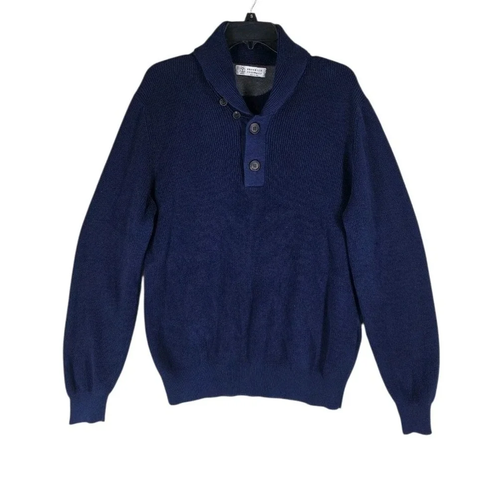 Brunello Cucinelli Ribbed Shawl Collar Knit Sweater Mens 54 US 44 XL Navy Blue
